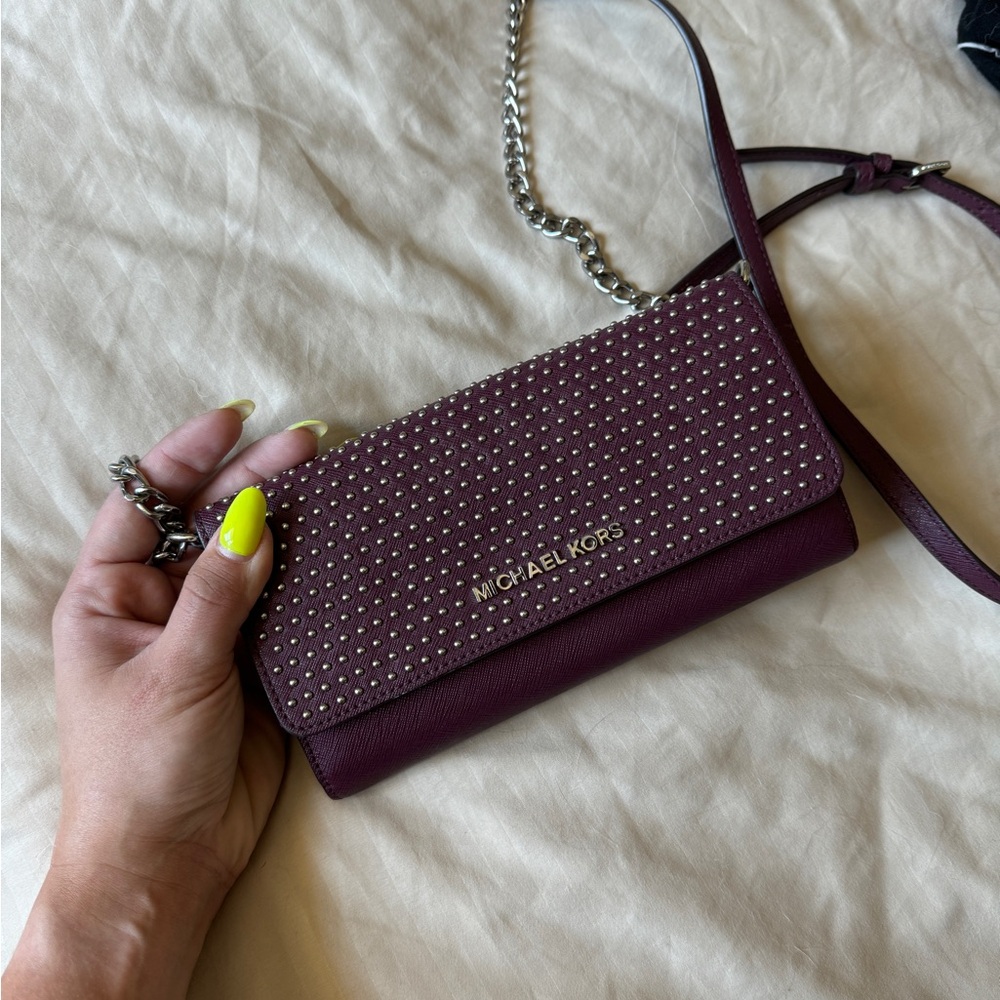 Michael Kors Jet Set Micro Stud Saffiano Convertible Chain Wallet Plum